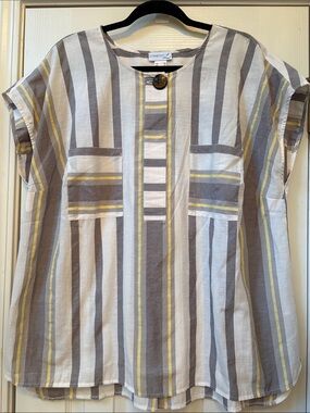 Size 18 Creation L Striped Cotton Top in White, Gray & Yellow
